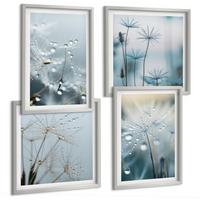 BILDER SET 4er Set - 50x50 cm & 40x60 cm Silberner Rahmen - Tautropfen auf Löwenzahn - Silberfarben, Kunststoff (50/50cm) - TULUP