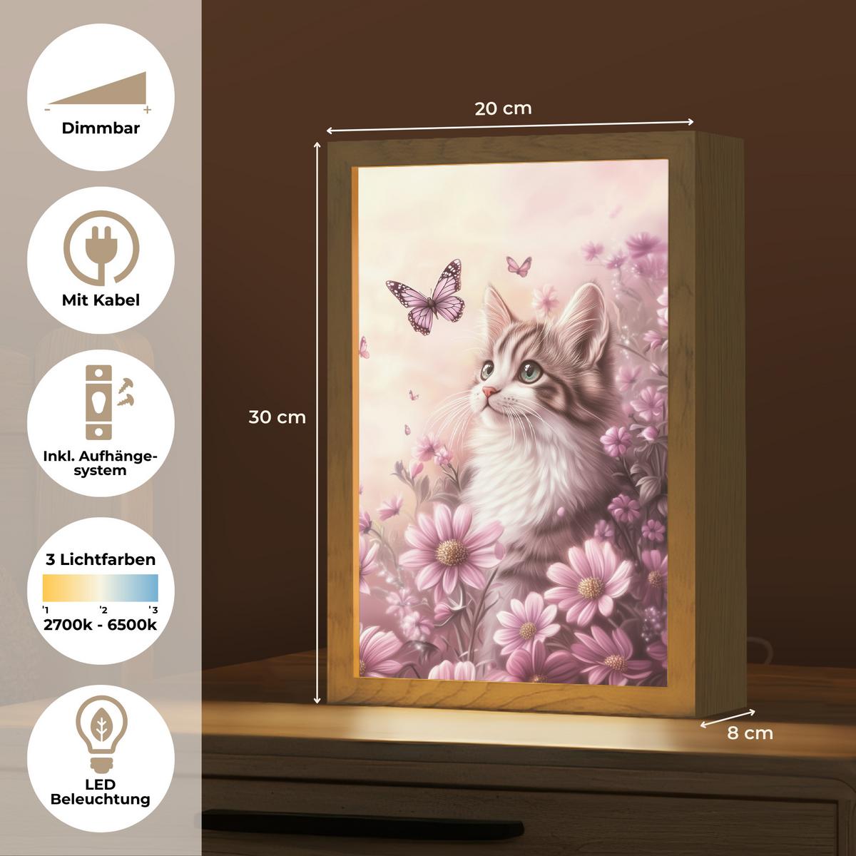 WANDLEUCHTE Kätzchen - Blumen - Schmetterlinge - Lila 20x30 cm - Altrosa, Holzwerkstoff (20/30/8cm) - OnlyWow