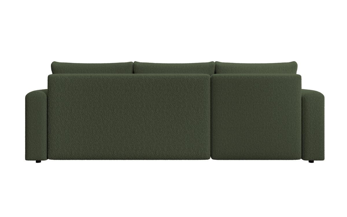 ECKSOFA DORA L, Eckcouch in L-Form mit Schlaffunktion und Bettkasten, Farbe: Grün, Bouclé-Stoff, Ottomane Links - Grün, Textil (240/143cm) - Storez24