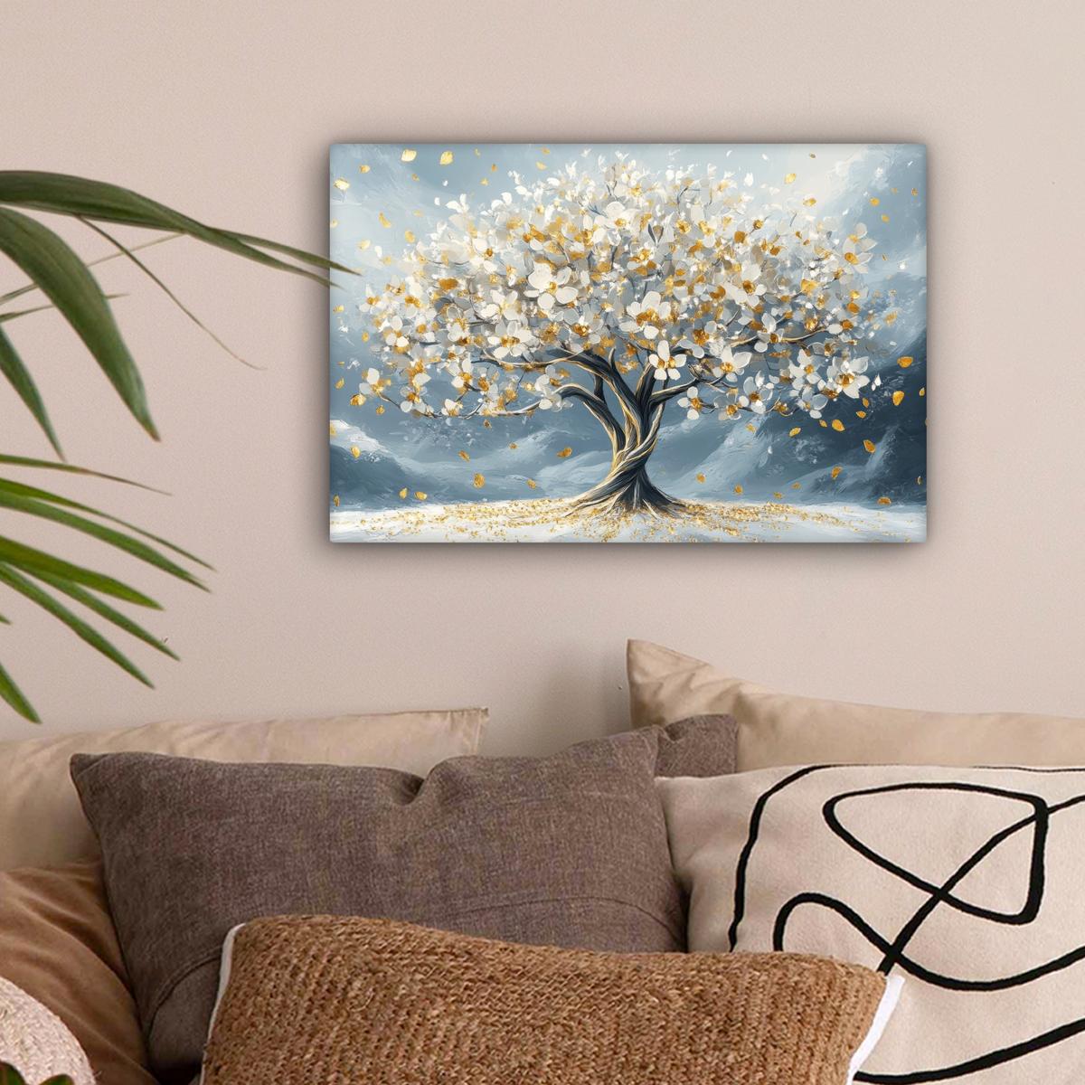 LEINWANDBILD Baum - Winter - Baum des Lebens - Modern - Gold Deko Schlafzimmer 30x20 cm - Goldfarben, Textil (30/20cm) - MuchoWow