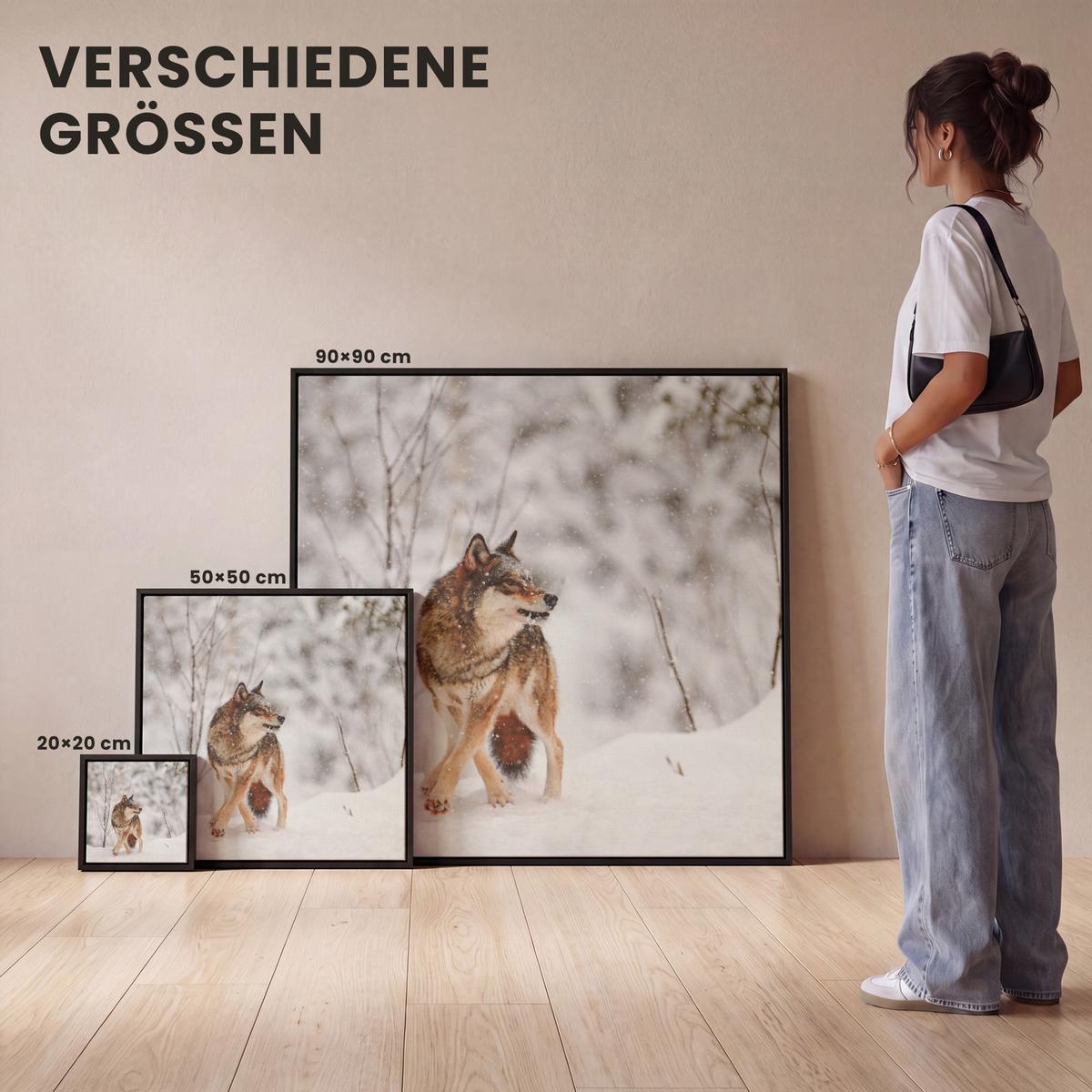 LEINWAND Bilder mit Rahmen - Wolf - Winter - Schnee - Natur - Tiere - 20x20 - Haselnussfarben, Textil (20/20cm) - MuchoWow