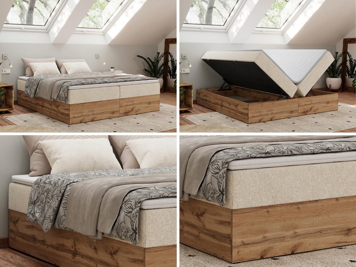 BOXBETT WOOD ZERO 160/200 - Creme Struktur - H4 - Topper Visco - Creme, Textil (160/200cm) - MKS