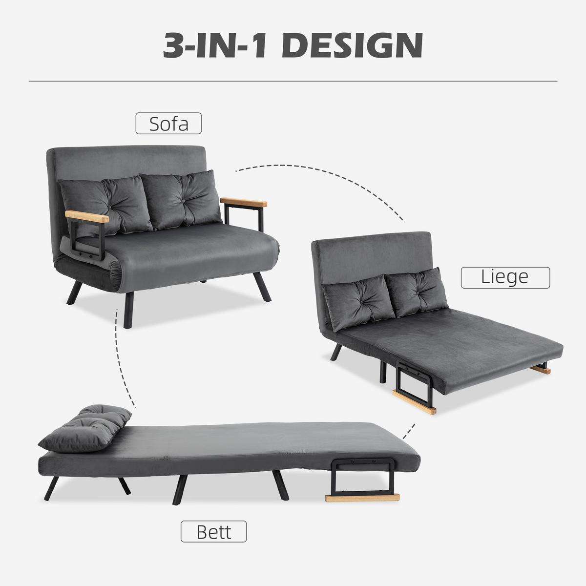 SCHLAFSOFA, Zweisitzer mit Bettfunktion, Schlafcouch mit Samtoptik, Rückenkissen - Dunkelgrau/Schwarz, Holz/Textil (73/81/102cm) - HOMCOM