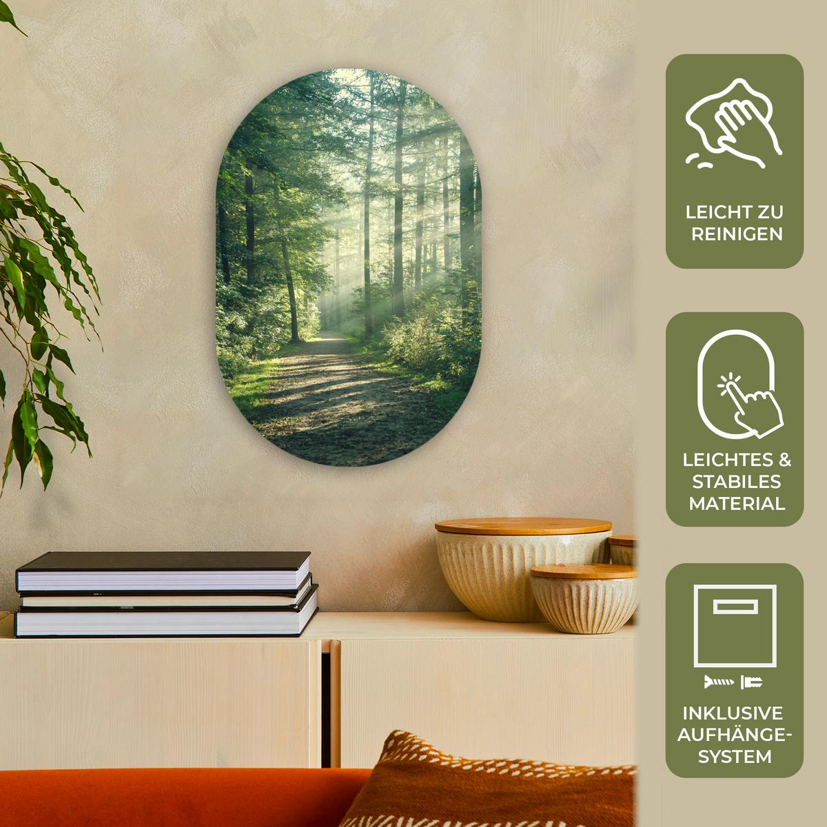 WANDBILD Wald - Weg - Sonne - Bäume - Grün - Natur Deko Wohnzimmer 40x60 cm - Waldgrün, Kunststoff (40/60cm) - MuchoWow