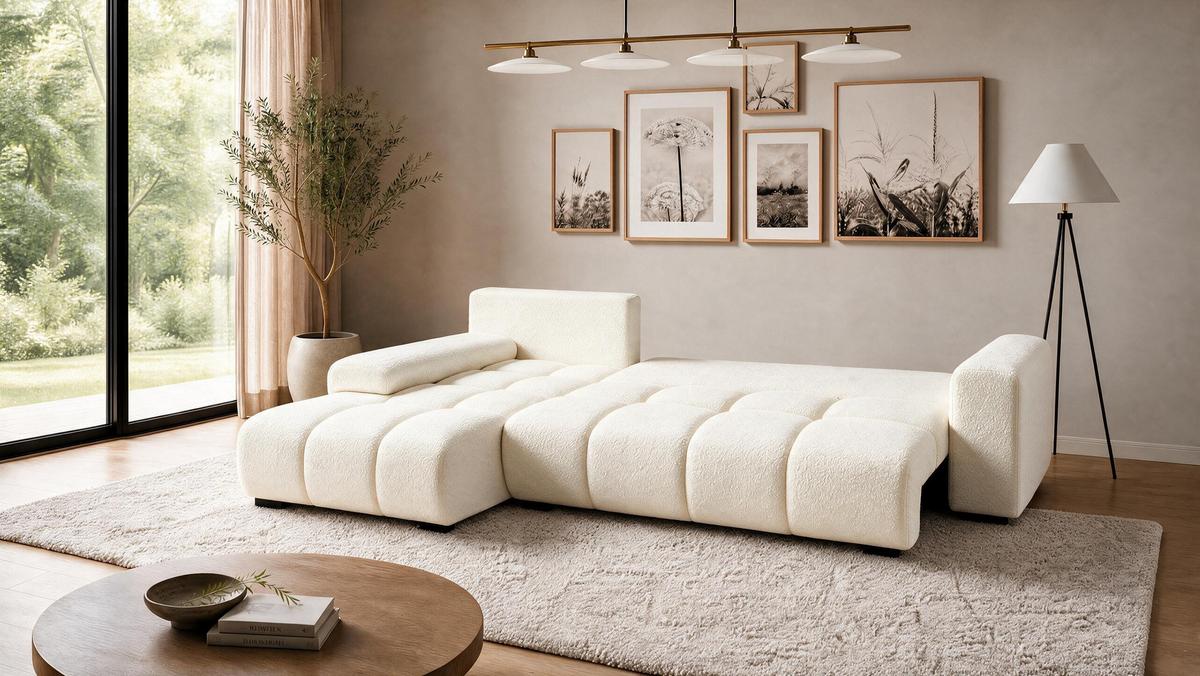 ECKSOFA Ovia mit Bettkasten und Schlaffunktion, Bouclé-Stoff in L-Form - Beige, Textil (270/185cm)