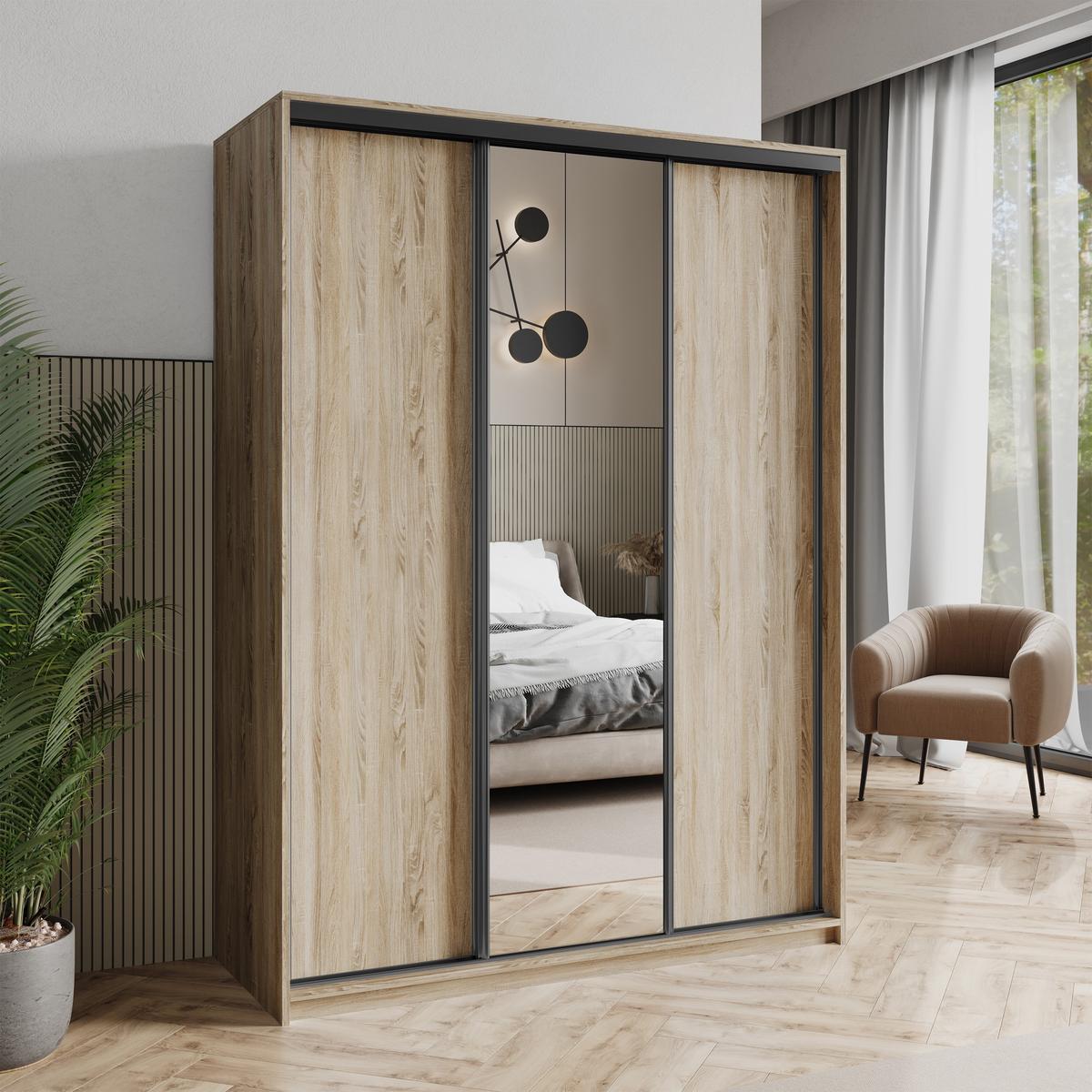 SCHWEBETÜRENSCHRANK TAVI 150/205/60 cm 3-türig mit Spiegel Sonoma Eiche - Sonoma Eiche, Holzwerkstoff (150/205/60cm) - MASSENO