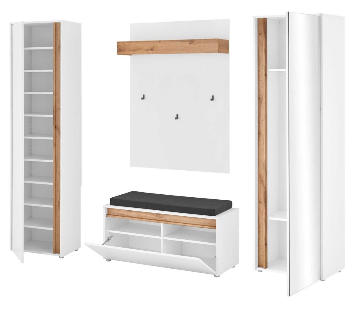 GARDEROBEN-SET 5-teilig weiß, Eiche Wotan 230 cm, Flurgarderobe mit 17 Fächer, inkl. Sitzkissen - Eiche Wotan/Schwarz, Glas/Holzwerkstoff (230/200/40cm) - Furn.Design