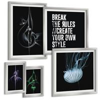 BILDER SET 5er Set - 50x50 cm & 20x30 cm & 40x60 cm Silberner Rahmen - Abstrakte Darstellung von grauen Katzenrosen - Silberfarben, Kunststoff (40/60cm) - TULUP