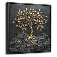 LEINWAND Bilder mit Rahmen - Blätter - Gold - Baum - Fels - 20x20 - Schwarz, Textil (20/20cm) - MuchoWow
