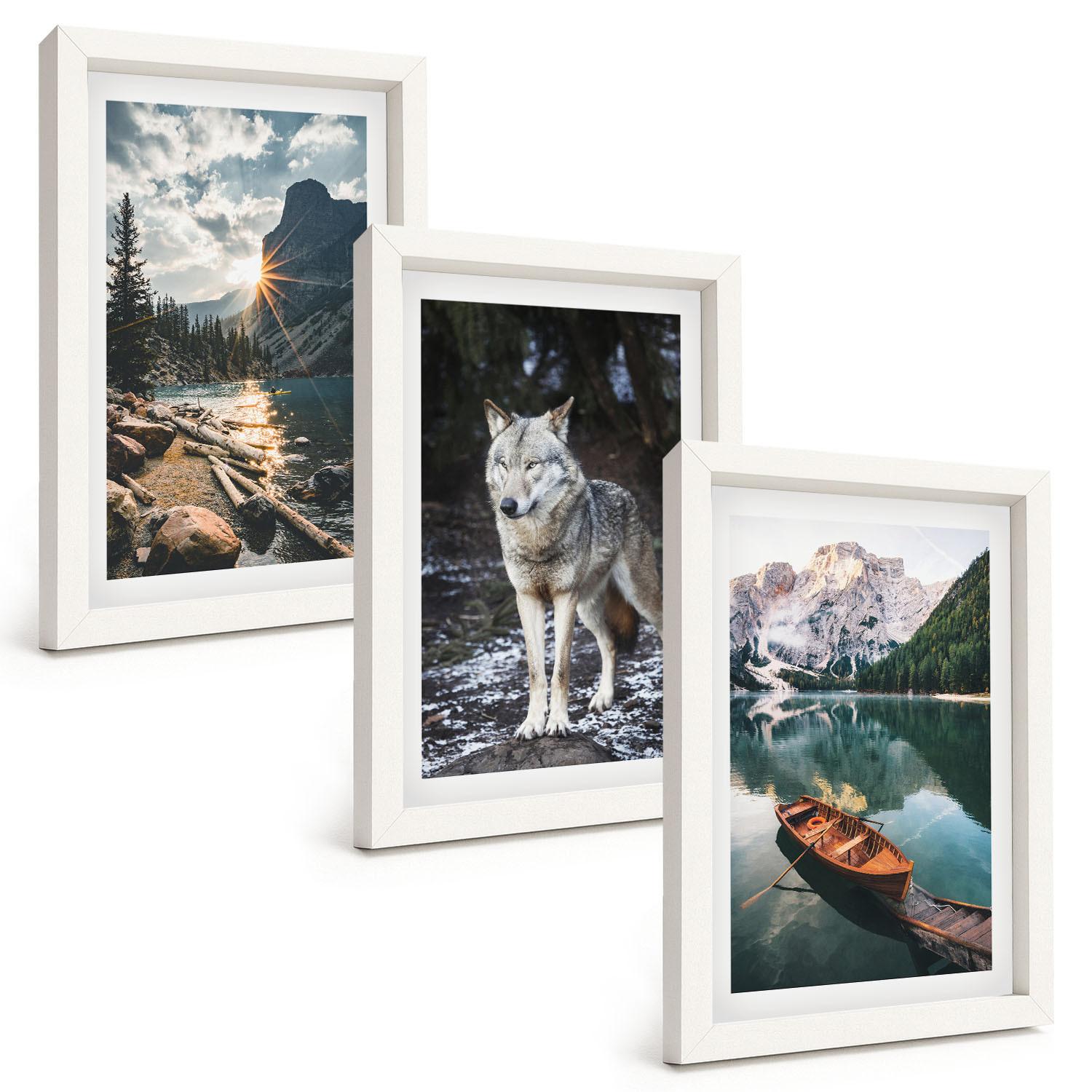 BILDER SET 3er Set - 20x30 cm Weißer Rahmen - Berge, Seen, Wölfe, Natur - Weiß, Kunststoff (20/30cm) - TULUP