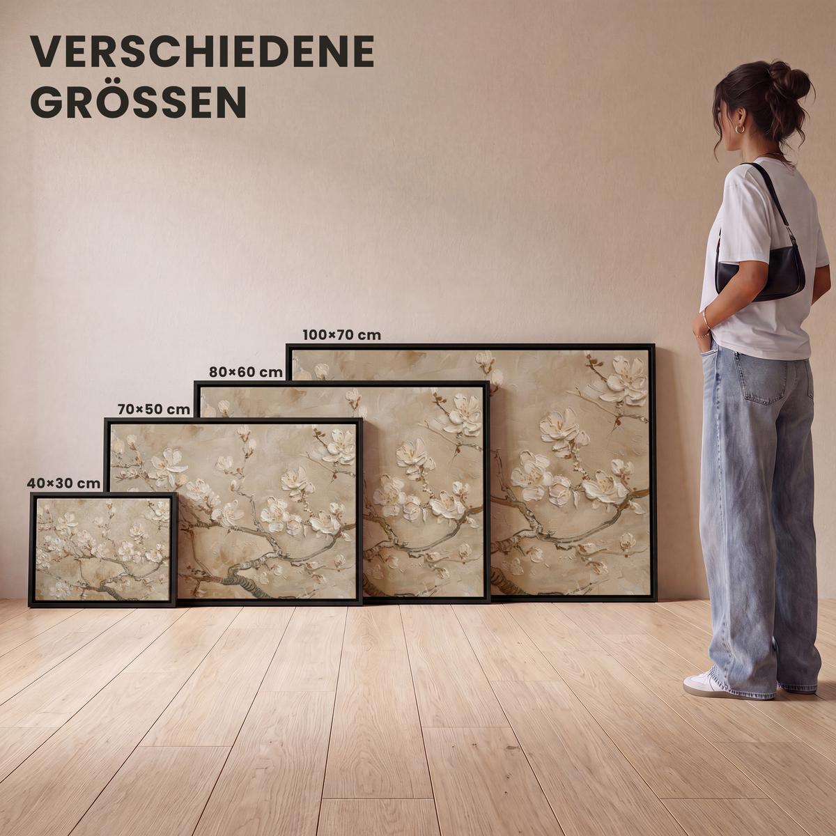 LEINWAND Bilder mit Rahmen - Blumen - Modern - Beige - Weiß - Blüte - 100x70 - Beige, Textil (100/70cm) - MuchoWow