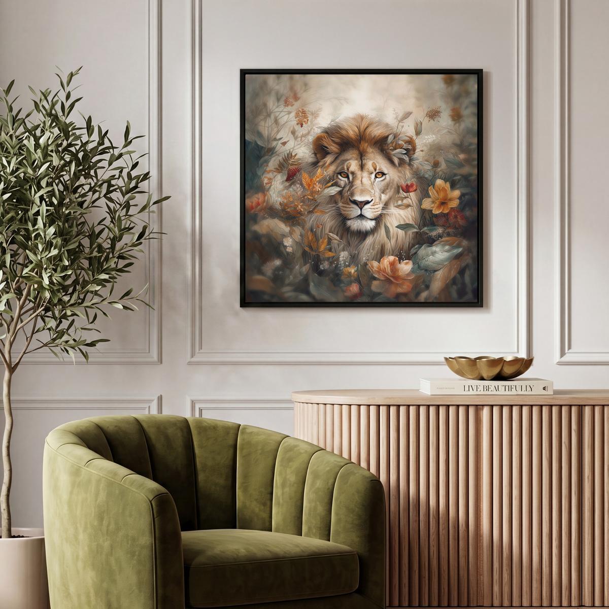 LEINWAND Bilder mit Rahmen - Löwe - Wildtiere - Pflanzen - Natur - Blumen - 50x50 - Beige, Textil (50/50cm) - MuchoWow