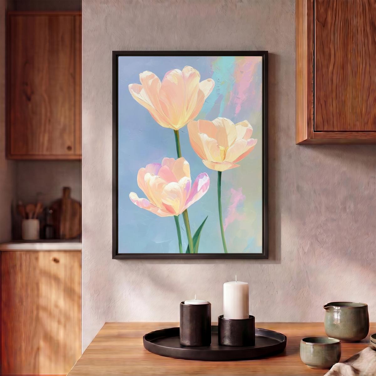 LEINWAND Bilder mit Rahmen - Tulpen - Rosa Akzente - Blau - 30x40 - Pastellblau, Textil (30/40cm) - MuchoWow