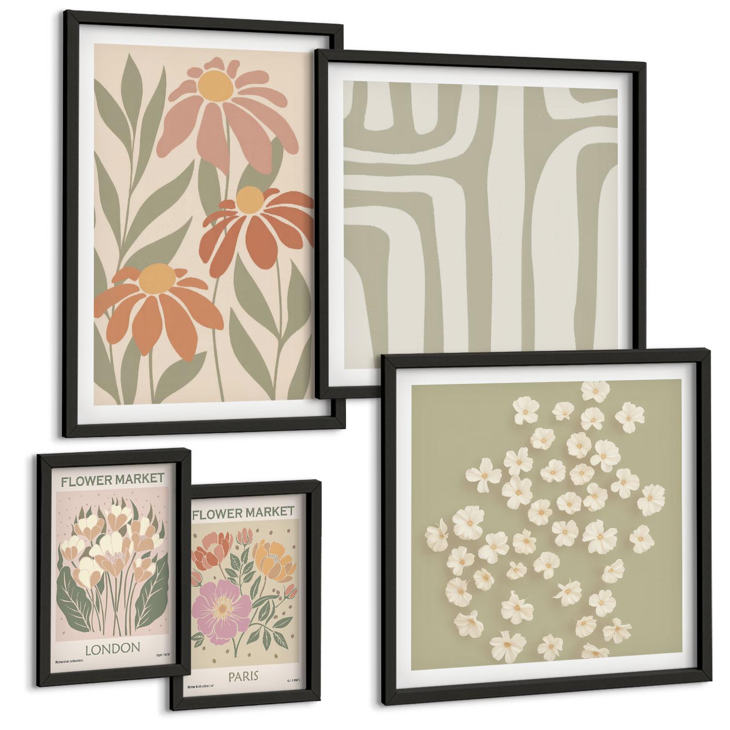 BILDER SET 5er Set - 50x50 cm & 20x30 cm & 40x60 cm Schwarzer Rahmen - Botanische Motive, Pariser Minimalismus - Schwarz, Kunststoff (40/60cm) - TULUP
