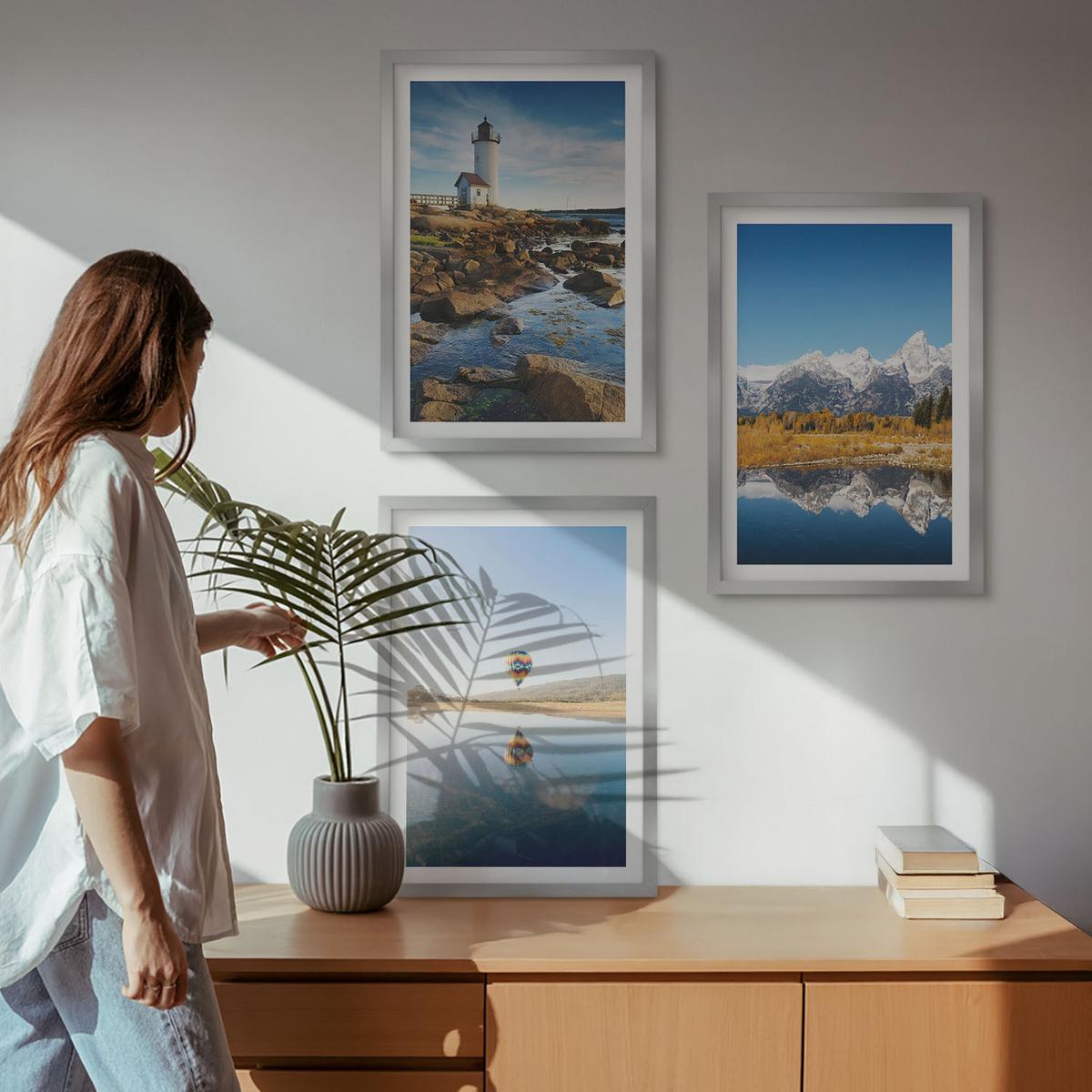 BILDER SET 3er Set - 40x60 cm Silberner Rahmen - Naturansichten, Leuchtturm, Berge, Ballonfahrt - Silberfarben, Kunststoff (40/60cm) - TULUP