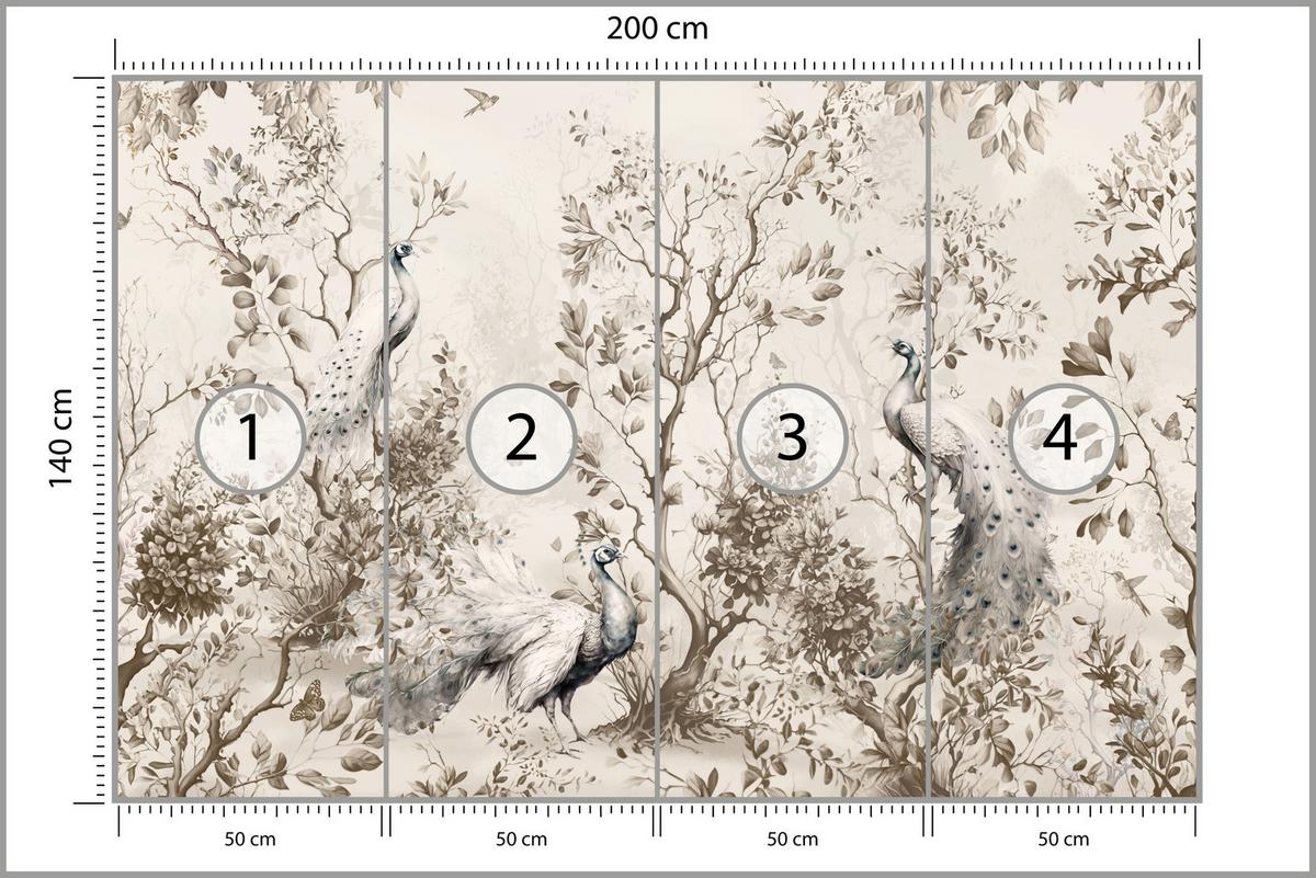 FOTOTAPETE für Wohnzimmer Pfauen Zwischen Bäumen Büsche Blätter 200x140 - Beige, Papier (200/140cm) - Muralo
