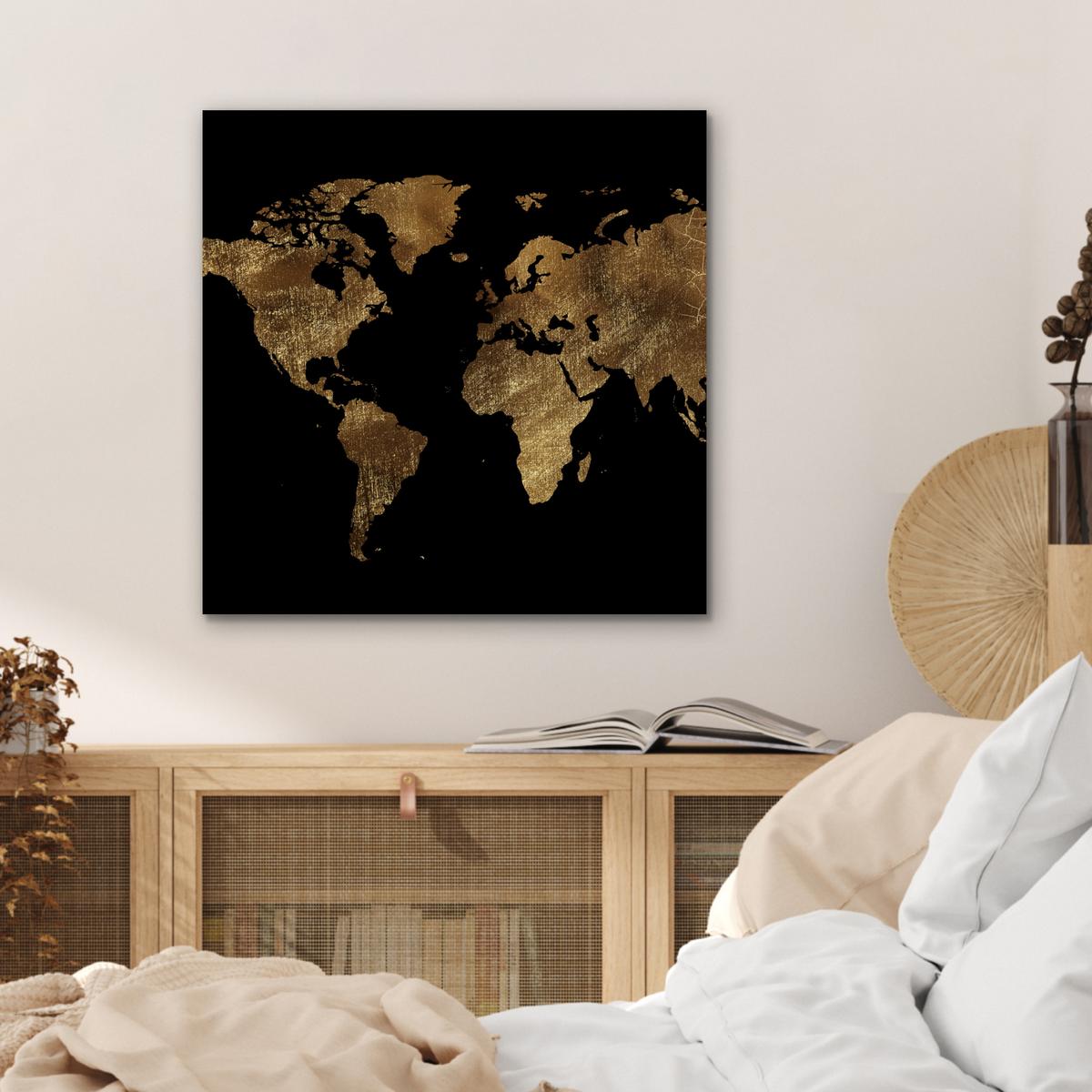 METALLBILD Weltkarte - Gold - Luxus - Erde - Schwarz 50x50 cm - Goldfarben, Metall (50/50cm) - MuchoWow