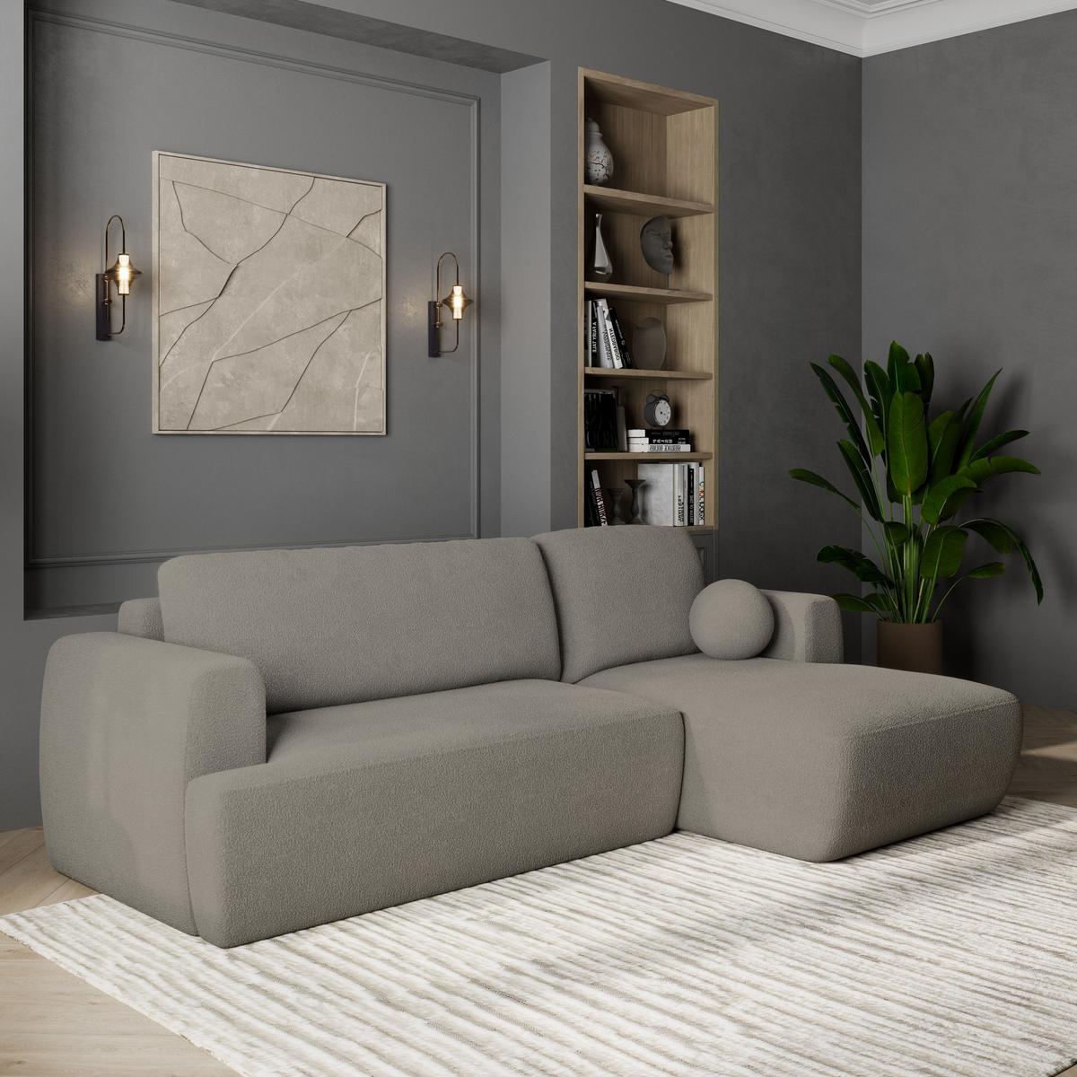 ECKSOFA SENTI N R-S Hellgrau Boucle-Stoff mit Schlaffunktion - Hellgrau/Schwarz, Holz/Kunststoff (246/148cm) - MASSENO