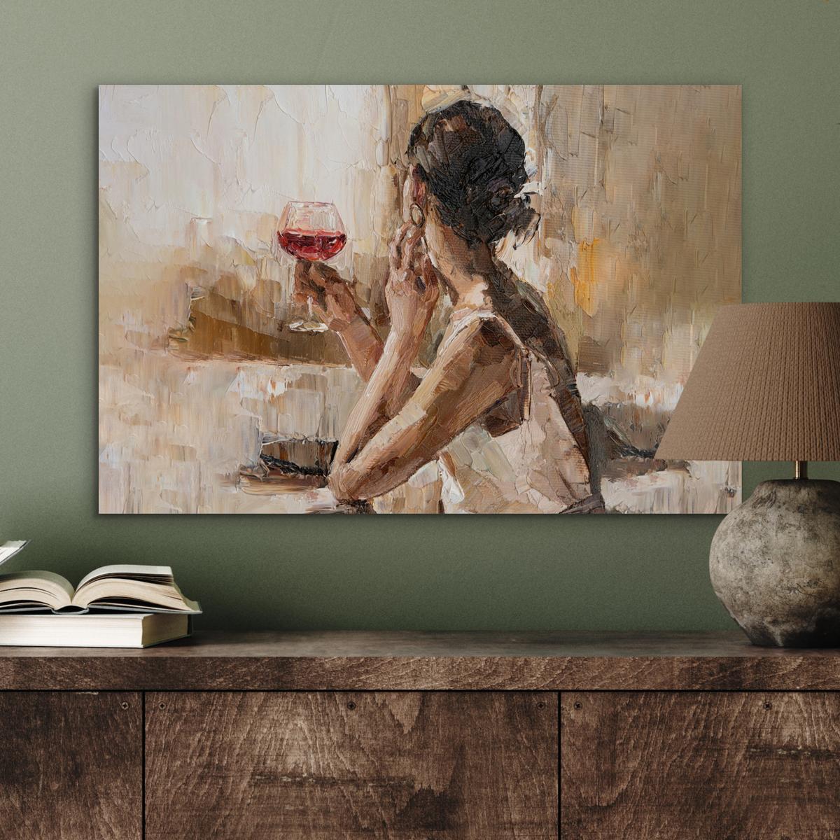 METALLBILD Ölgemälde - Frau - Wein Wandbild 60x40 cm - Hellbraun, Metall (60/40cm) - MuchoWow