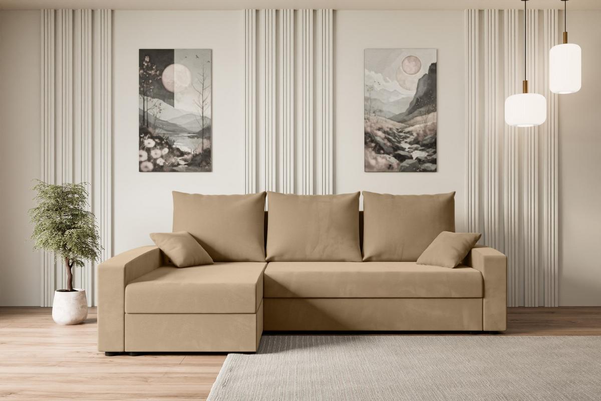 ECKSOFA mit Schlaffunktion und Bettkasten ALESIA-L 231x140x90 cm Beige Velours - Ecru/Beige, Holzwerkstoff/Kunststoff (231/140cm) - ALTDECOR