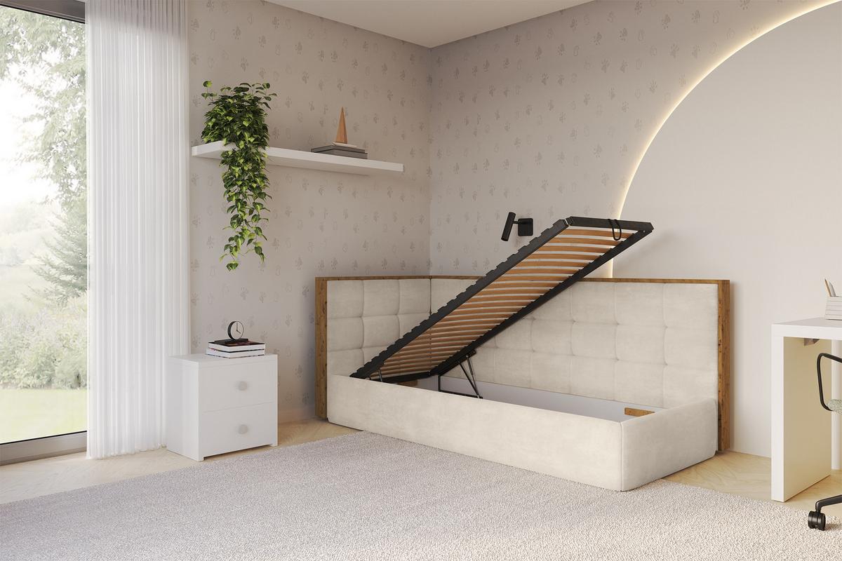 EINZELLBETT Jugendbett mit Bettkasten, Rechts - SOVY 90x200 Beige - Naturfarben, Holzwerkstoff/Textil (90/200cm) - ALTDECOR