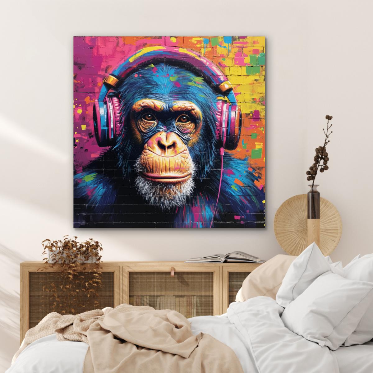 METALLBILD Graffiti - Schimpanse - Straßenkunst - Kopfhörer - Affe 90x90 cm - Blau, Metall (90/90cm) - MuchoWow