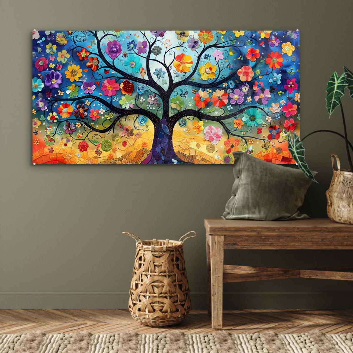 ACRYLGLASBILD Kunst - Baum des Lebens - Blumen - Hippie 120x60 cm - Dunkelblau, Glas (120/60cm) - MuchoWow