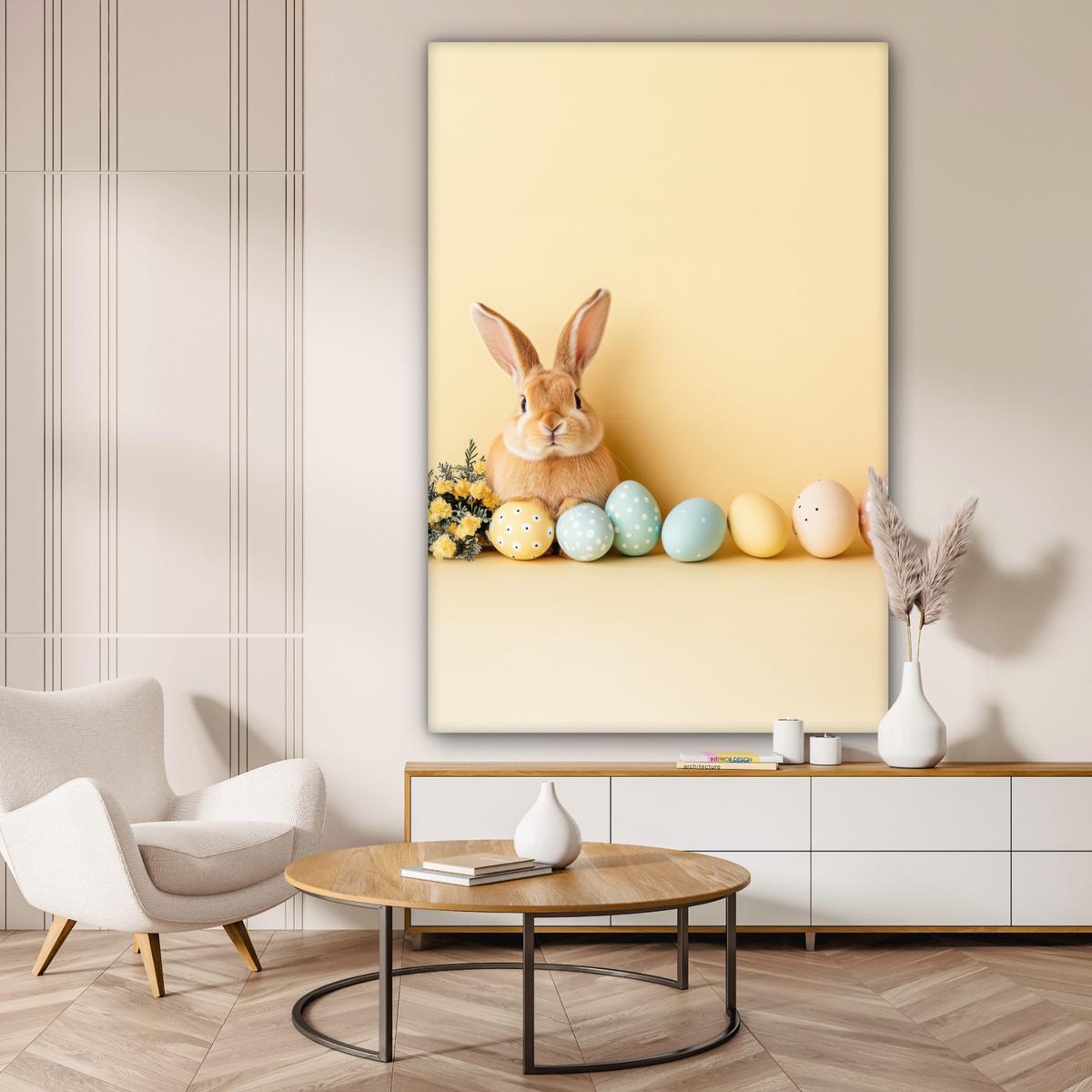 LEINWANDBILD Eier - Kaninchen - Pastellfarbtöne Deko Groß 90x140 cm - Hellgelb, Textil (90/140cm) - MuchoWow