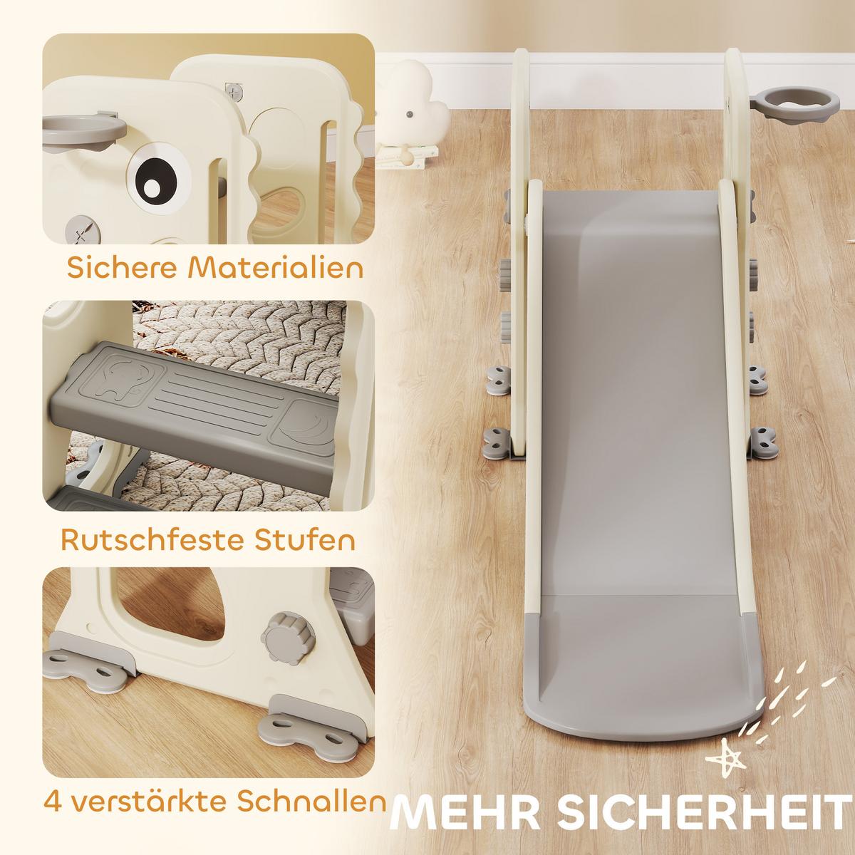 KINDERRUTSCHE 3 in 1 klappbar Kleinkinderrutsche mit Basketballkorb, Schnallen - Creme, Kunststoff (52/65/146cm) - AIYAPLAY