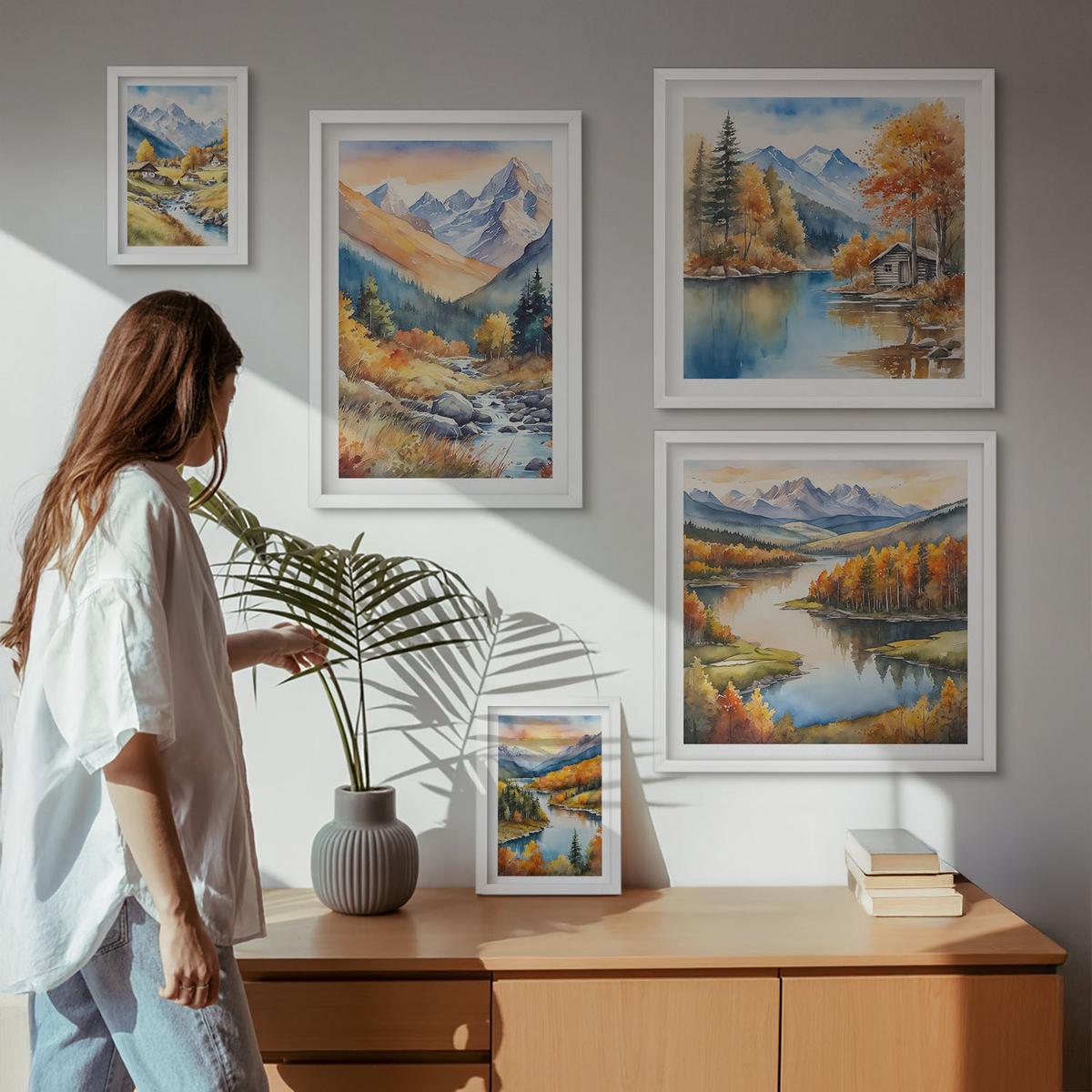 BILDER SET 5er Set - 50x50 cm & 20x30 cm & 40x60 cm Weißer Rahmen - Berglandschaft, Flusshütten - Weiß, Kunststoff (40/60cm) - TULUP