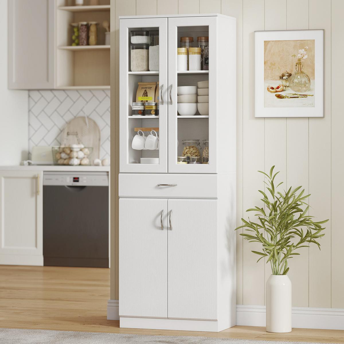 KÜCHENSCHRANK Spanplatte Hartglas Weiß - Silberfarben/Weiß, Holzwerkstoff/Metall (35/180/60cm) - HOMCOM