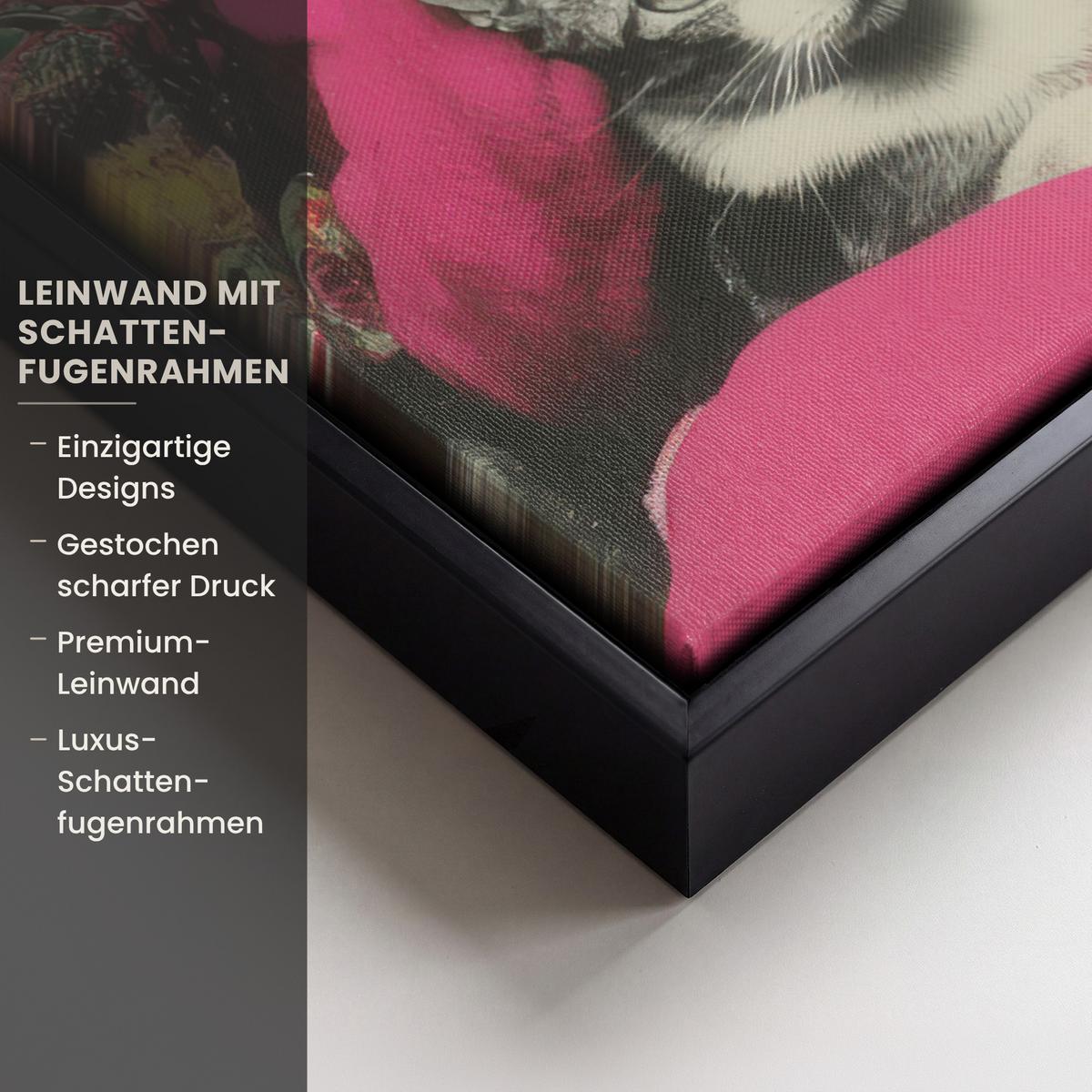 LEINWAND Bilder mit Rahmen - Frau - Katze - Blumen - Tasse - Retro - 70x100 - Magenta, Textil (70/100cm) - MuchoWow