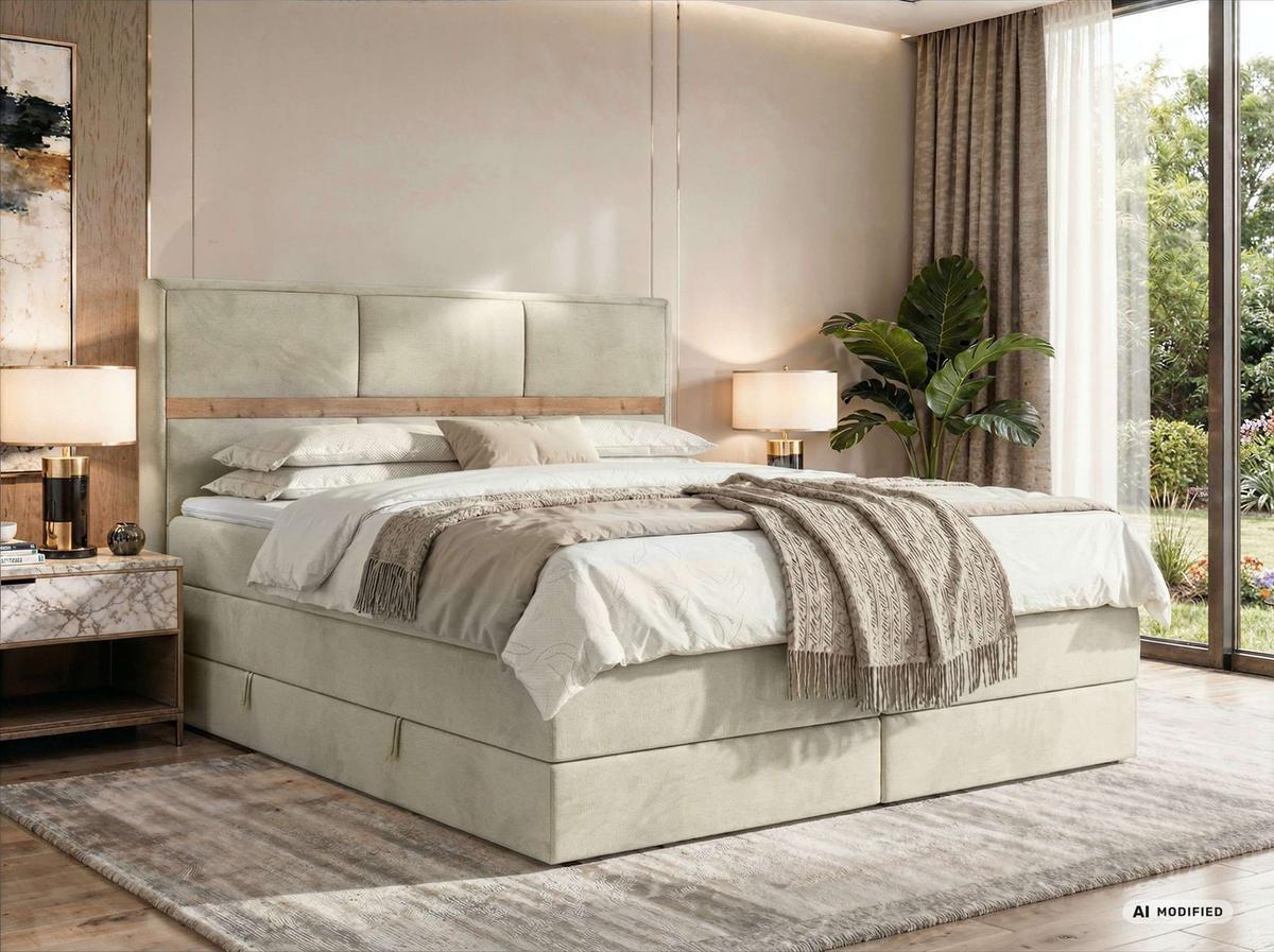 BOXSPRINGBETT ORVO KING 140/200 - Beige Velvet - Topper Visco - H3 - Beige/Creme, Kunststoff/Textil (140/200cm) - MKS