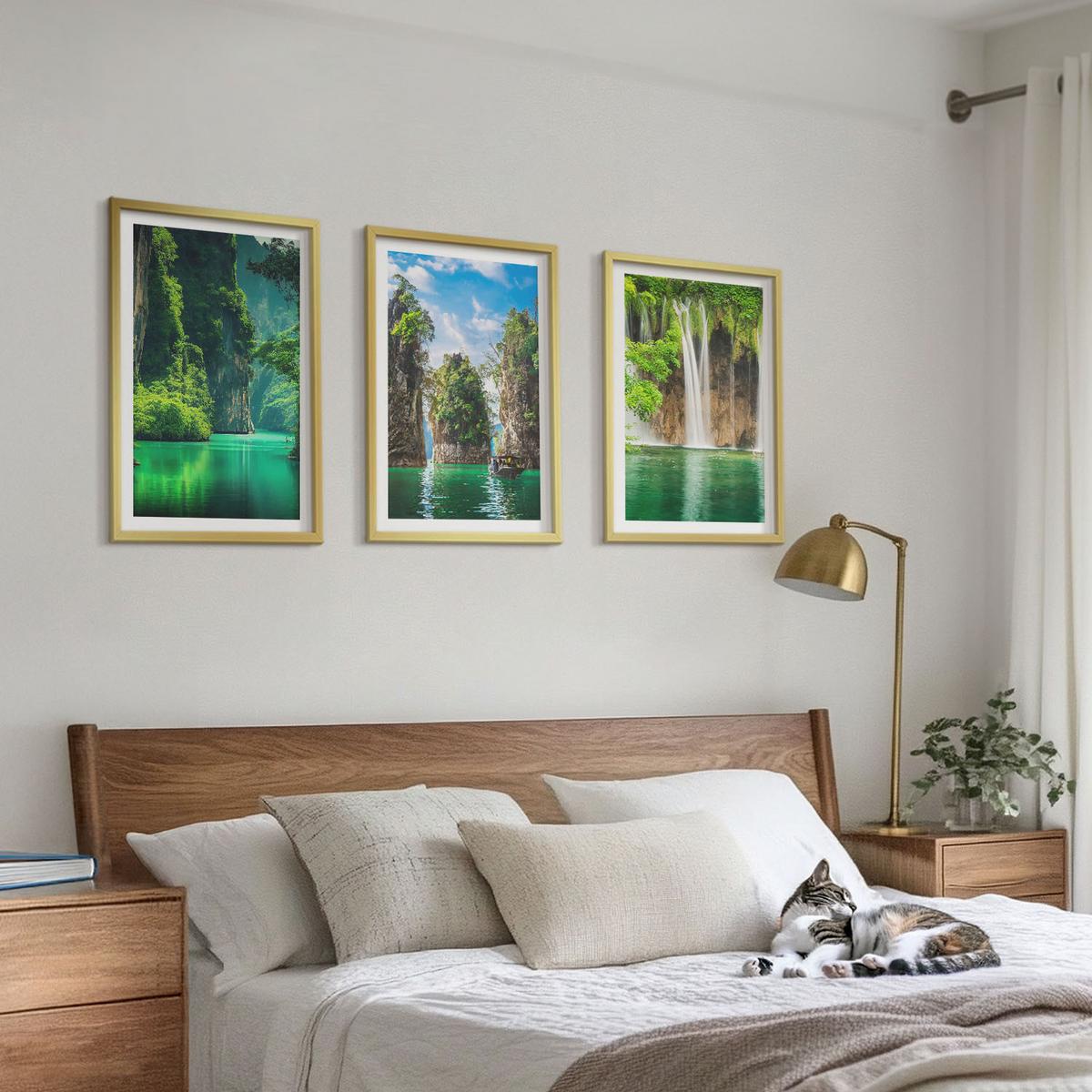 BILDER SET 3er Set - 40x60 cm Goldrahmen - Grüne Landschaften, Wasserfälle - Goldfarben, Kunststoff (40/60cm) - TULUP