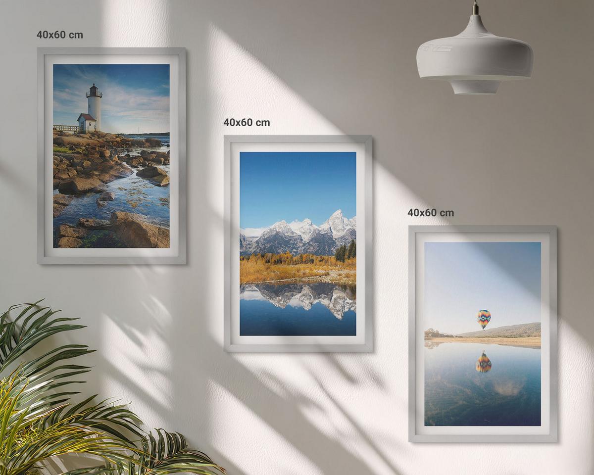 BILDER SET 3er Set - 40x60 cm Silberner Rahmen - Naturansichten, Leuchtturm, Berge, Ballonfahrt - Silberfarben, Kunststoff (40/60cm) - TULUP