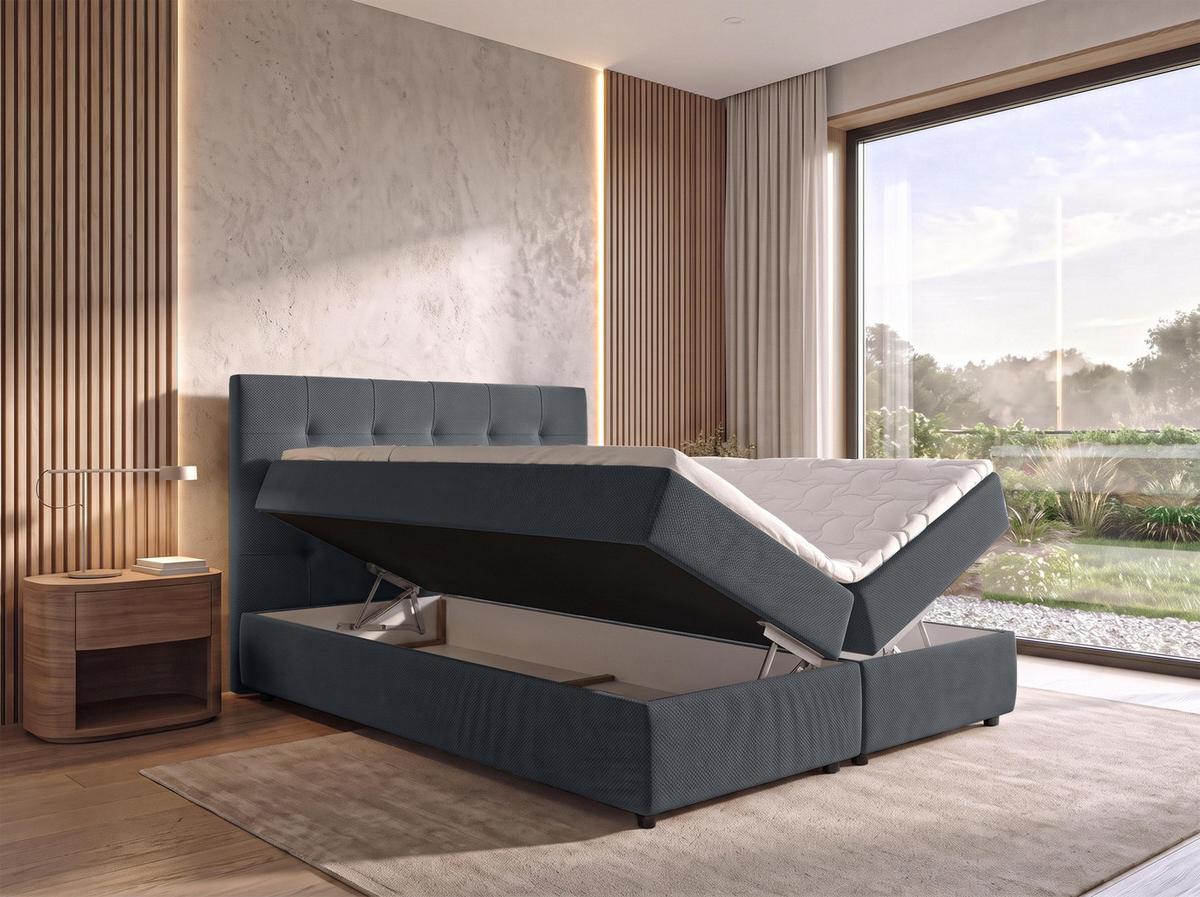 BOXBETT SAKARYA 140x200 cm mit Bettkasten und Matratze - Dunkelgrau + TOPPER - Dunkelgrau/Schwarz, Holz/Holzwerkstoff (140/200cm) - AX Living