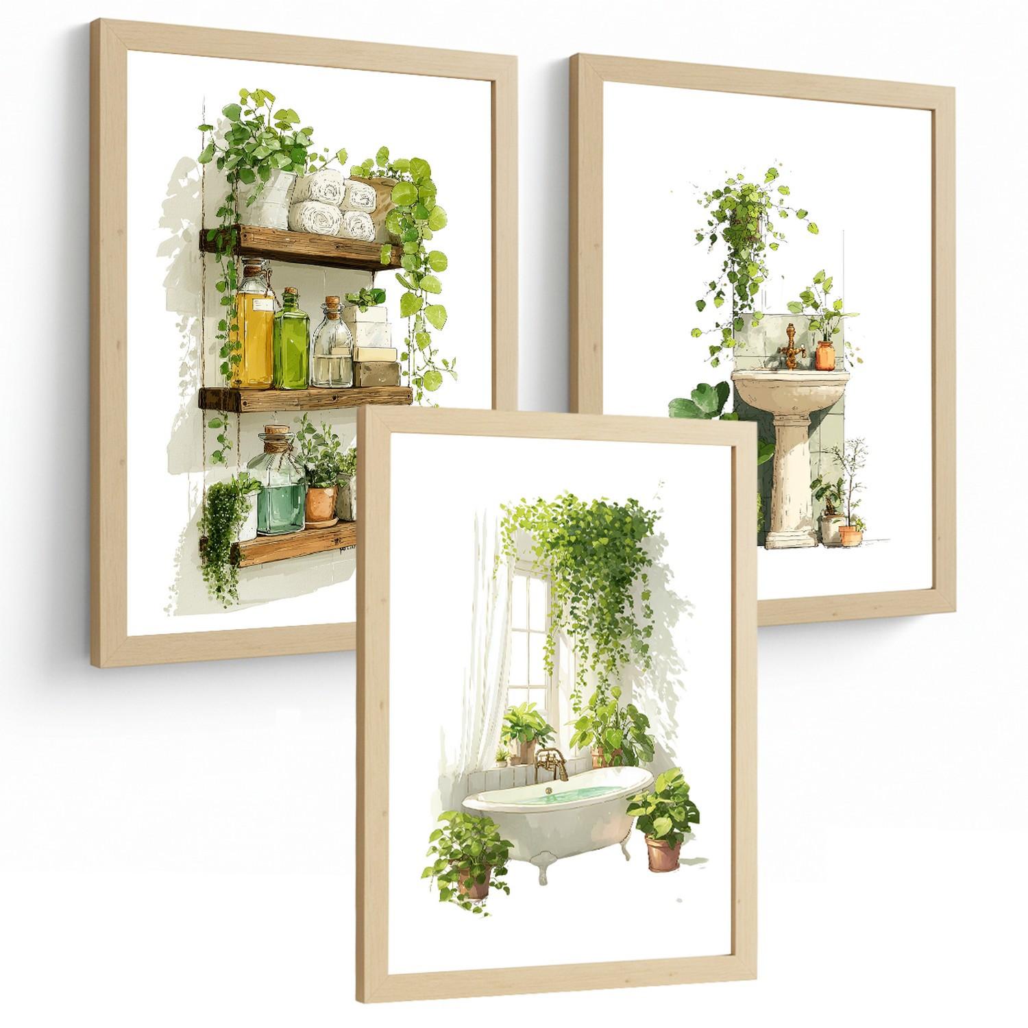 POSTER 3er-Set dekorative Badezimmerbilder, Wanddeko, im botanischen Stil, für Toilette, grüne Pflanzen Leichter Holzrahmen A4 - Beige, Papier (29.7/21/3cm) - Nacnic