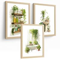 POSTER 3er-Set dekorative Badezimmerbilder, Wanddeko, im botanischen Stil, für Toilette, grüne Pflanzen Leichter Holzrahmen A4 - Beige, Papier (29.7/21/3cm) - Nacnic
