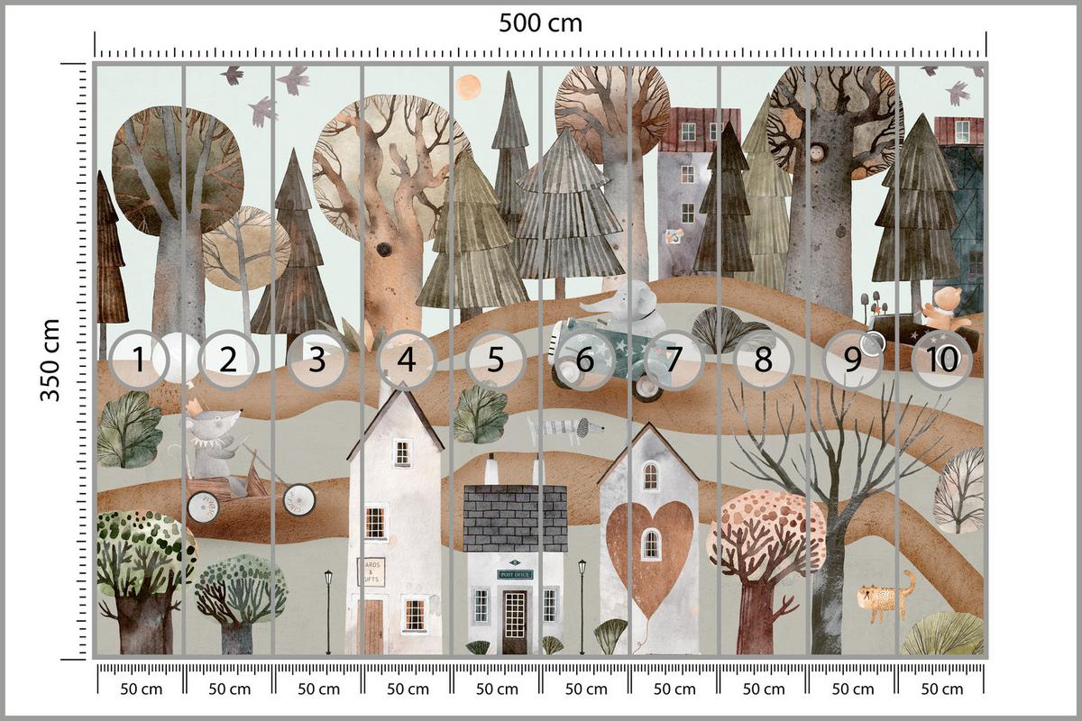 FOTOTAPETE für Kinderzimmer Fantastische Stadt Häuser Wald Tiere Autos 500x350 - Beige/Braun, Papier (500/350cm) - Muralo