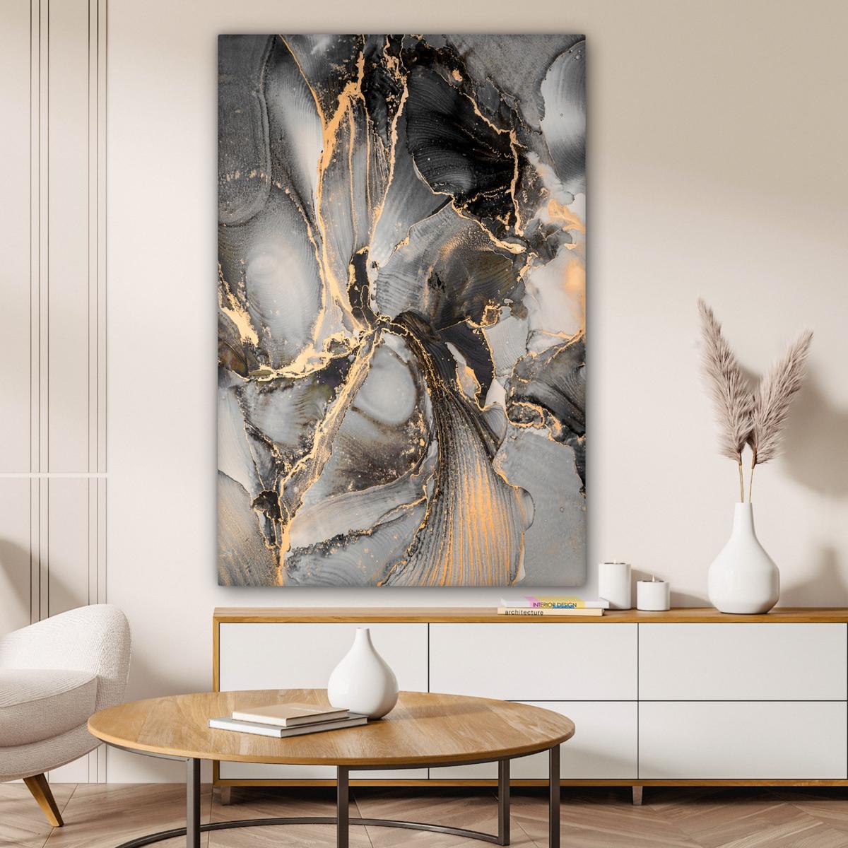 LEINWANDBILD Grau - Luxus - Gold - Marmor Deko XXL 80x120 cm - Dunkelgrau, Textil (80/120cm) - MuchoWow