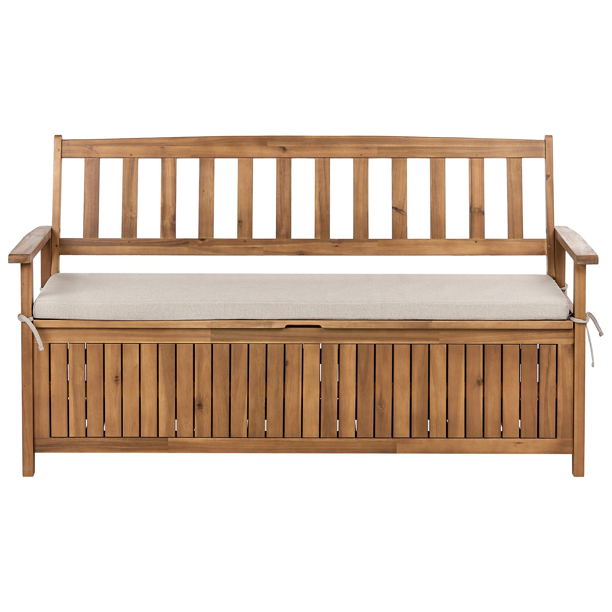 GARTENBANK mit Auflage 160 cm mit Stauraum Akazienholz Beige Sovana - Beige/Braun, Holz (160/91/60cm) - Beliani