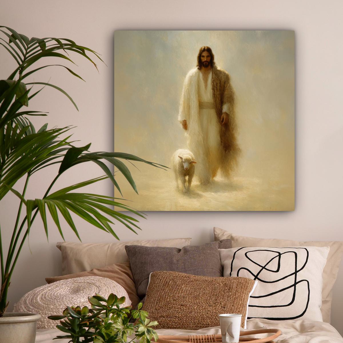 LEINWANDBILD Schaf - Jesus - Pinselstriche - Abstrakt Deko Groß 90x90 cm - Sandfarben, Textil (90/90cm) - MuchoWow