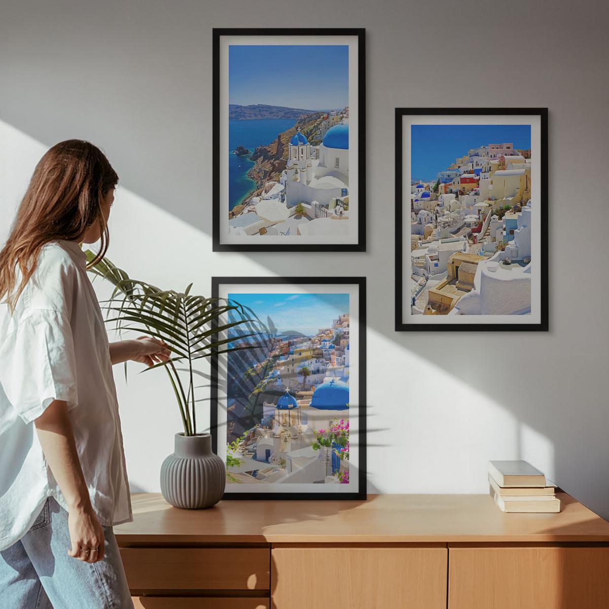 BILDER SET 3er Set - 40x60 cm Schwarzer Rahmen - Landschaftsarchitektur Oia Santorini - Schwarz, Kunststoff (40/60cm) - TULUP