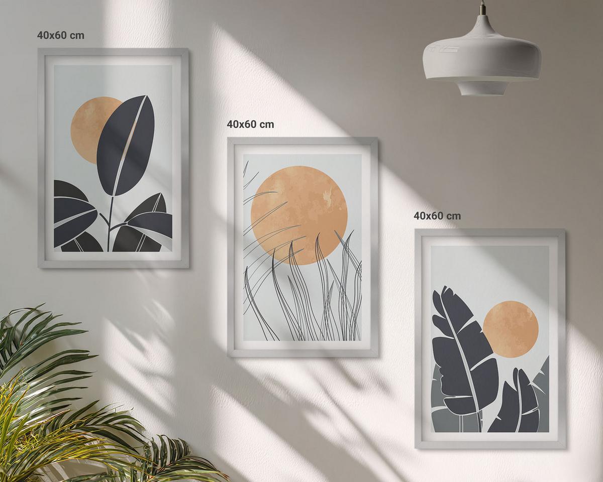BILDER SET 3er Set - 40x60 cm Silberner Rahmen - Pflanzenmuster große Sonnen minimalistisch - Silberfarben, Kunststoff (40/60cm) - TULUP