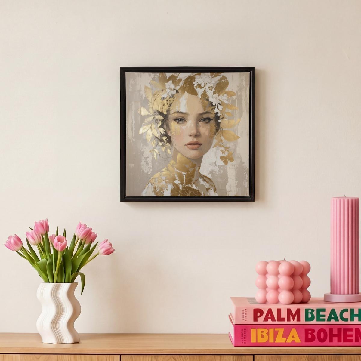 LEINWAND Bilder mit Rahmen - Gesicht - Frau - Blätter - Gold - 20x20 - Beige, Textil (20/20cm) - MuchoWow