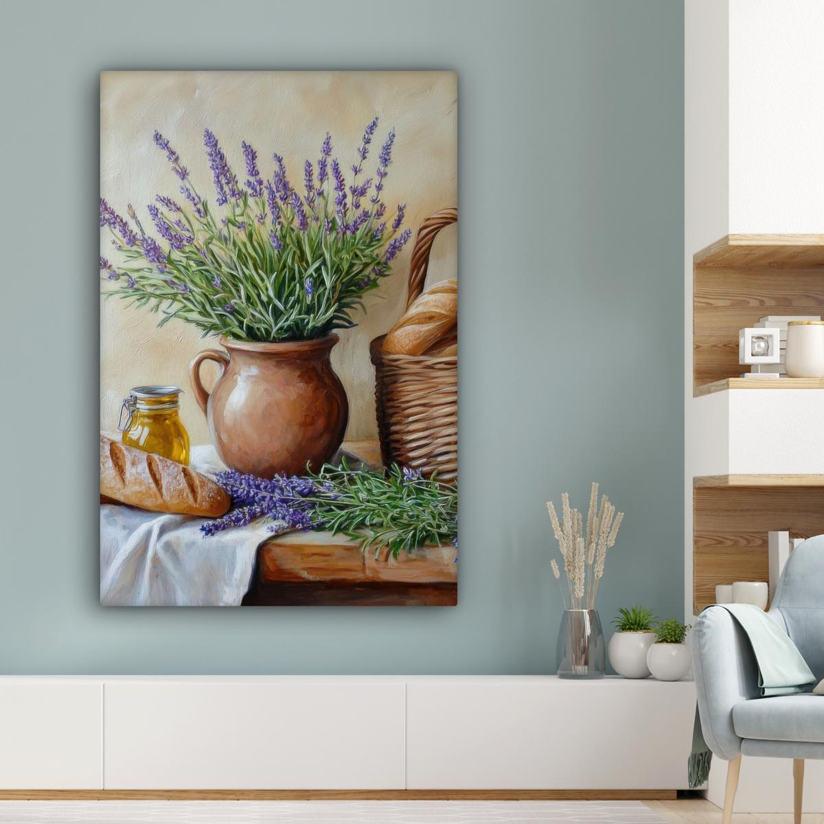LEINWANDBILD Lavendel - Brot - Stilleben Deko XXL 80x120 cm - Flieder, Textil (80/120cm) - MuchoWow