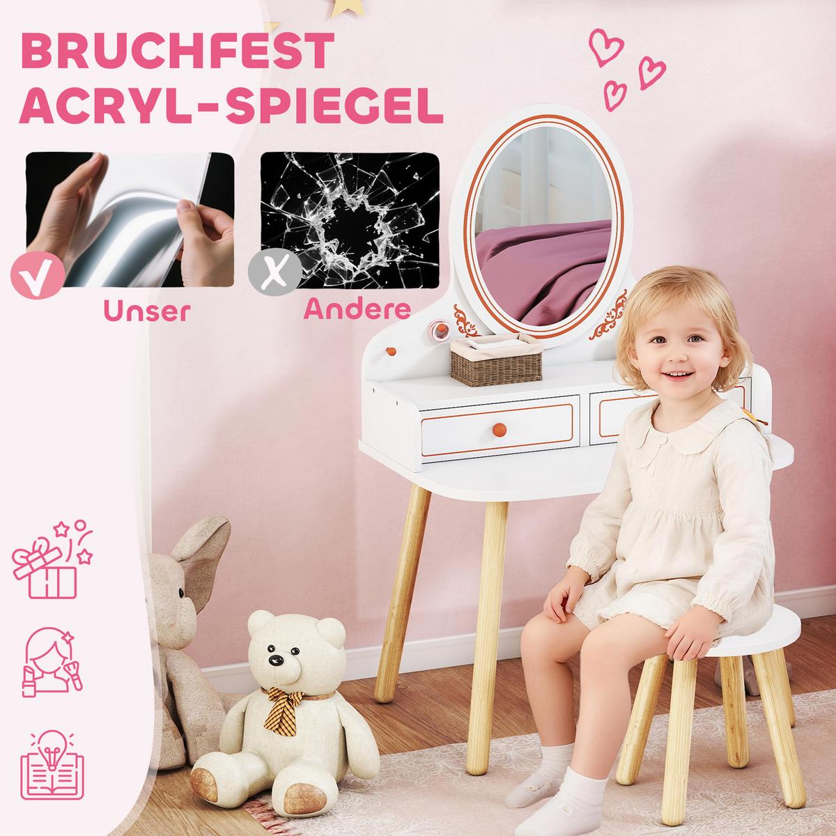 SCHMINKTISCH-KINDER MDF Kiefernholz Weiß - Weiß/Kieferfarben, Holzwerkstoff (38/87.8/56cm) - AIYAPLAY