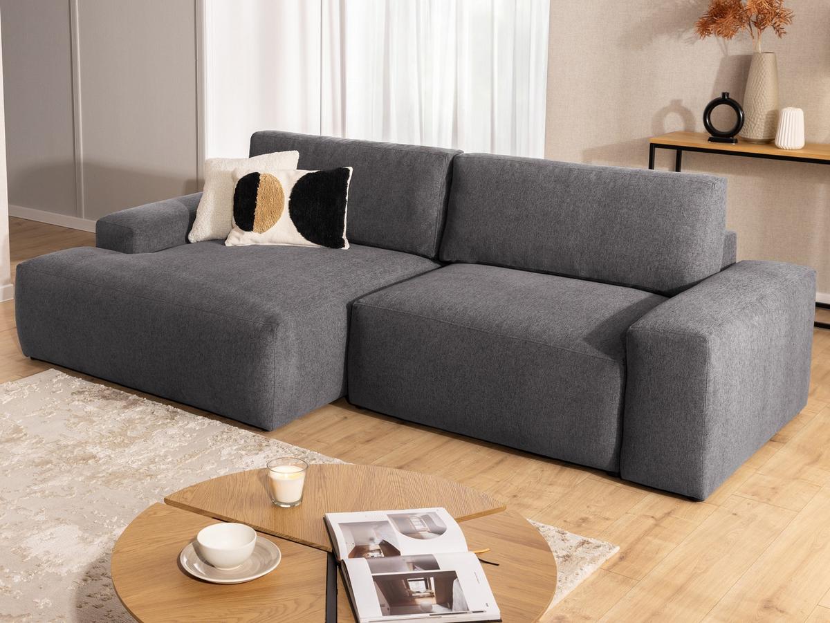 ECKSOFA inkl. Hocker Lennon aus Graphit Strukturstoff mit Schlaffunktion und Bettkasten - Graphitfarben/Schwarz, Holz/Kunststoff (137/264cm) - S-Style