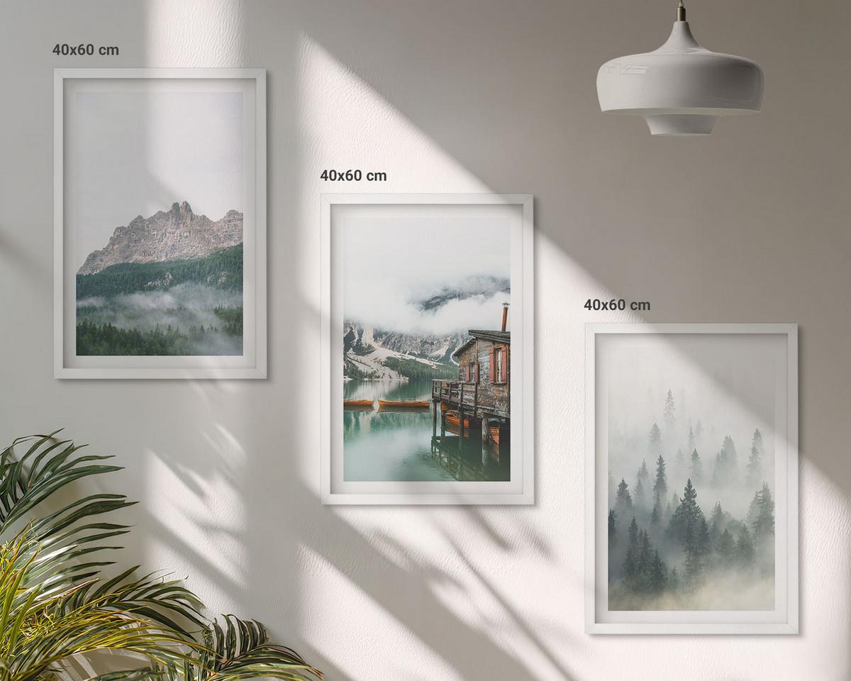 BILDER SET 3er Set - 40x60 cm Weißer Rahmen - Berge, See, Hütte, Nebel - Weiß, Kunststoff (40/60cm) - TULUP