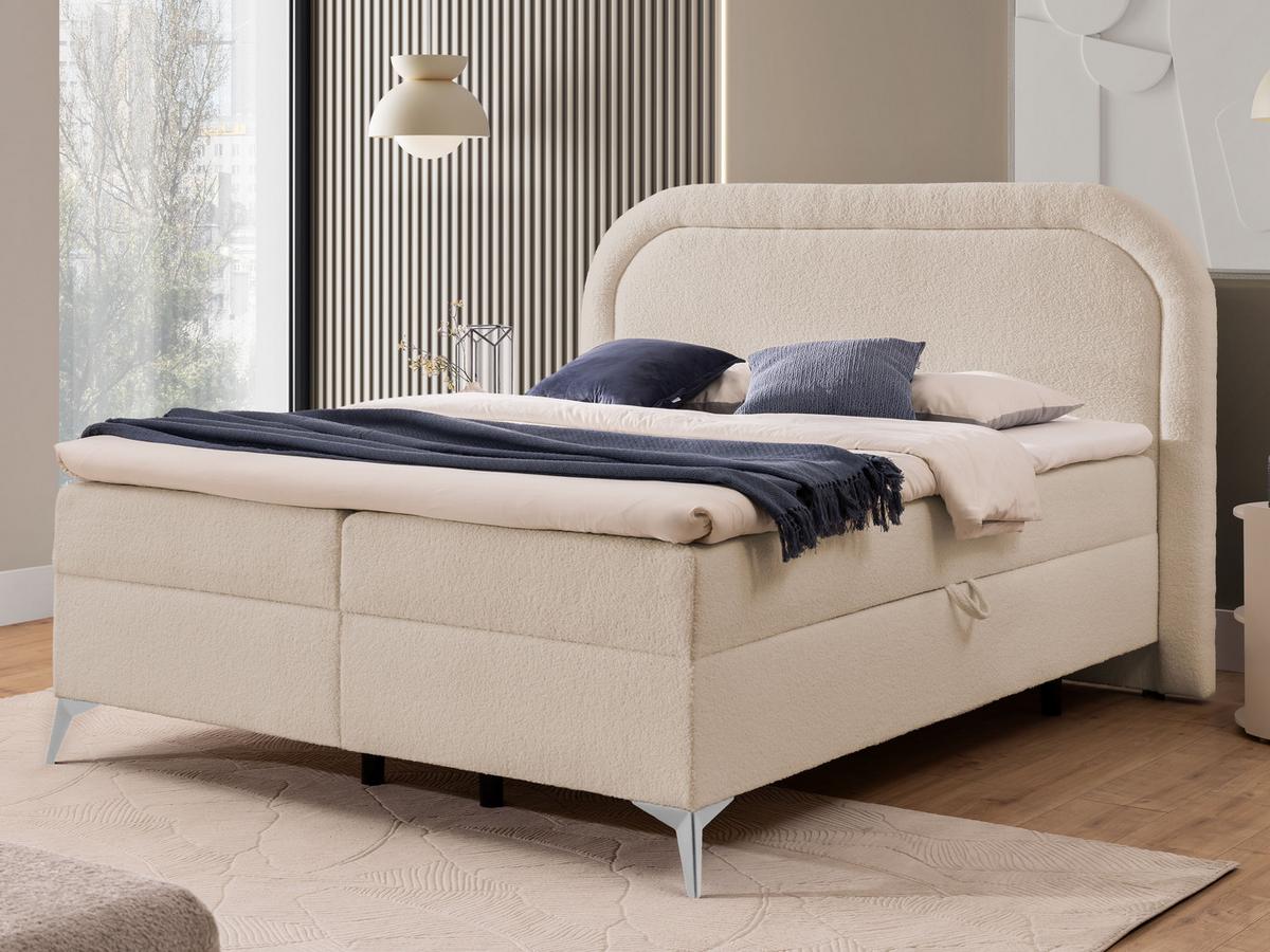 BOXBETT Sonna 140/200 cm Hellbeige Bouclé-Stoff mit abgerundetem Kopfteil und mit silbernen Metallfüßen - Beige/Silberfarben, Holz/Textil (140/200cm) - S-Style Möbel